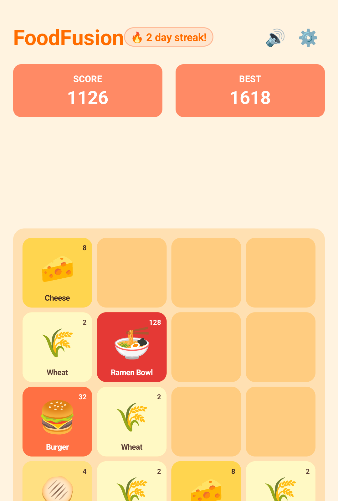 FoodFusion endless mode board with cheese, ramen and burger tiles