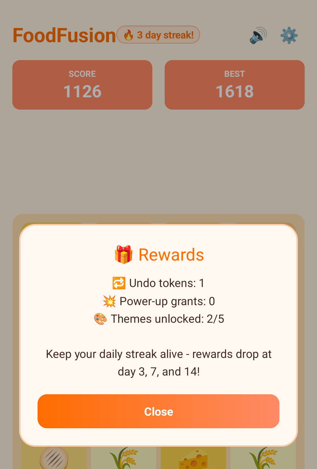 Rewards inventory showing undo tokens, power-ups and unlocked themes